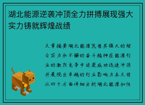 湖北能源逆袭冲顶全力拼搏展现强大实力铸就辉煌战绩