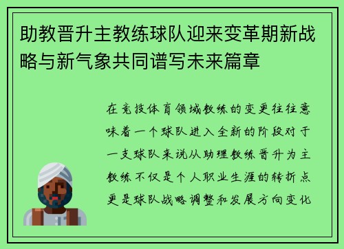 助教晋升主教练球队迎来变革期新战略与新气象共同谱写未来篇章