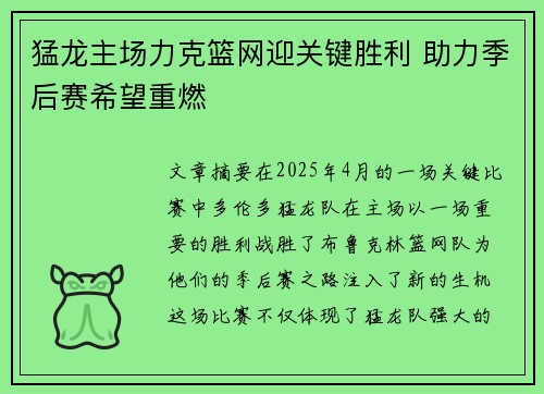 猛龙主场力克篮网迎关键胜利 助力季后赛希望重燃