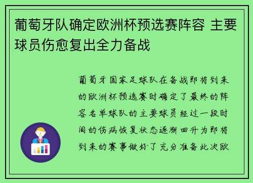 葡萄牙队确定欧洲杯预选赛阵容 主要球员伤愈复出全力备战