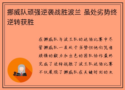 挪威队顽强逆袭战胜波兰 虽处劣势终逆转获胜